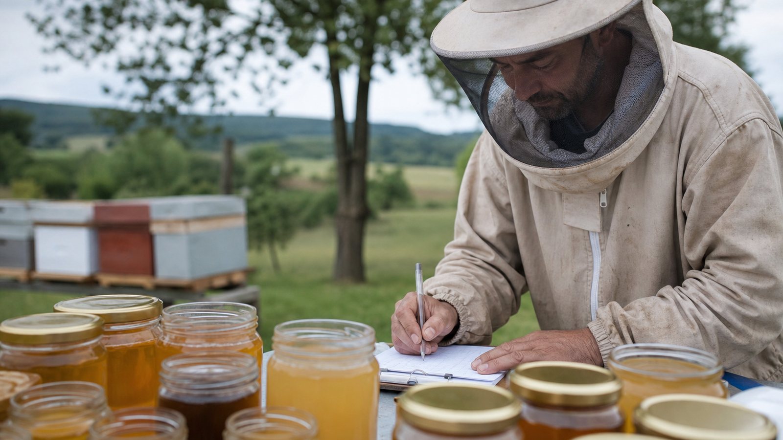 Cadres de miel operculés et pots remplis lors de la récolte au rucher
