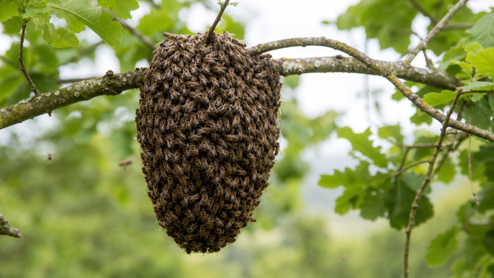 Essaim d'abeilles agglutiné sur une branche basse à proximité des ruches d'un rucher au printemps